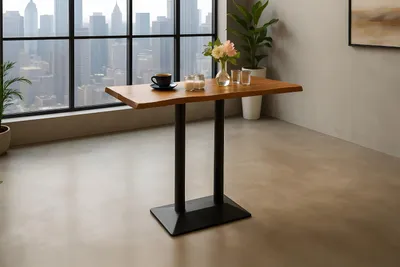 Produktbild von Bistrotisch Baumkante massiv 120 x 70 cm Akazie nussbaumfarben Doppelsäulengestell schwarz IAN