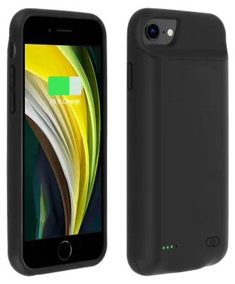 A black iPhone SE 2020 with a battery case attached, shown from the front and back.