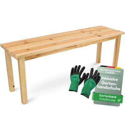 A wooden garden bench with a pair of green gardening gloves and a product information tag.