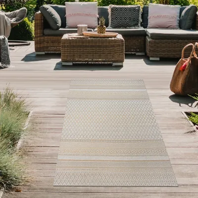 Produktbild von In- & Outdoorteppich im Ethno-Design – Modernes Rauten-Muster in Beige-Gelb Größe - 80 x 150 cm