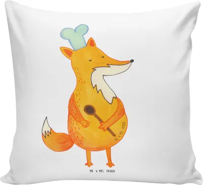 Produktbild von Mr. & Mrs. Panda Sofakissen Fuchs Koch - Weiß - Geschenk, Hungrig, Bäcker, kissen für sofa, Dekokissen, bedruckt, Kuschelkissen, zier, Köche, Chefkoch