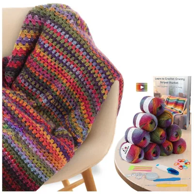 Image de Kit de crochet pour débutants, couverture au motif arc-en-ciel dégradé, laine vintage, tutoriel vidéo, dimensions : 109 x 75 cm