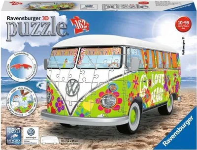 A 3D puzzle box showing a Volkswagen T1 van with a hippie design on a beach.
