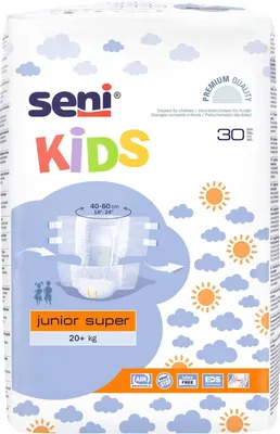 Obrázok produktu pre Seni Kids, Pieluchomajtki Junior Super 20kg+, 30 sztuk - Długi termin ważności!