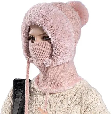 Produktbild von Wintermütze für Damen - 3-in-1 Schneemütze mit Schal und Gesichtsmaske - Wollmütze, winddicht für Skifahren und Wandern - Rosa