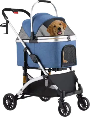 Zdjęcie produktu dla Wózek dla psa Bolt Edge 2 w 1 - Składany wózek dla psa i kota - Terenowy - Obrotowe gumowe koła 360° - Do 40 kg - Ze schowkiem i uchwytem na kubek - Srebrny/Niebieski