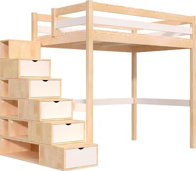 Produktbild von Hochbett holz mit Treppenregal Sylvia - 120x200 - Naturlack/Weiß