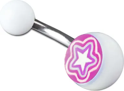 Produktbild von viva-adorno 1 Stück Bauchnabel Piercing Banane 316L Chirurgenstahl Kunststoff Kugeln verschiedene Motive Picture Logo Z382, weiß / Blume pink