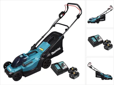 A collage of images showing a teal and black Makita cordless lawnmower with batteries and a charger.