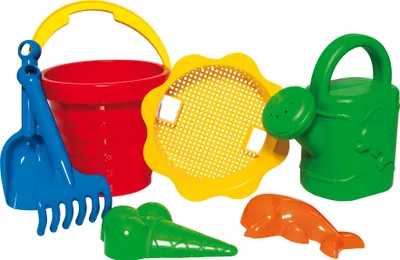 Immagine prodotto di Set di giocattoli di sabbia pala rastrello secchio stampo setaccio annaffiatoio set di secchi per bambini 7 pezzi.