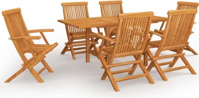 Image de Salon de jardin 7 pièces, Repas extérieur, Bois de teck massif, Table extensible 110-160 cm, Trou parasol, 6 chaises pliables, Résistant intempéries
