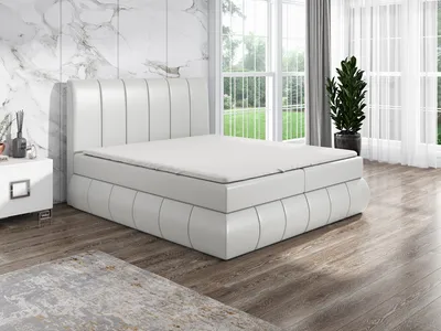 Produktbild von Boxspringbett EZRA  140x200 mit 2 Bettkästen, Bonell-Matratze und Topper. Dekorative Stifte an den Seiten der Kopfstütze. Bett Komplett-Set mit Matratze,Bettkasten & Kopfteil. Stoff Eko Cayenne. Elegantes Bett mit massives Kopfteil.