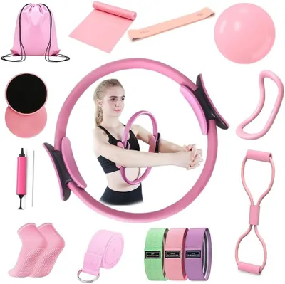 Image de Ensemble de 15 accessoires Pilates, comprenant une balle de yoga, des bandes de yoga et des élastiques de fitness, pour une utilisation à domicile