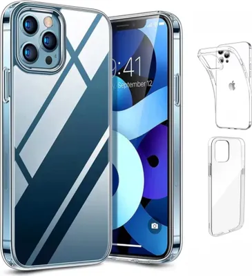 A clear phone case with a gradient blue design is shown on the left, with a phone inside. To the right, there are two smaller images of the phone case, one showing the back and the other showing the side.