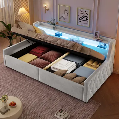 Produktbild von 90x200 Samt Plattformbett mit hydraulischem Stauraum & LED-Beleuchtung, Beige