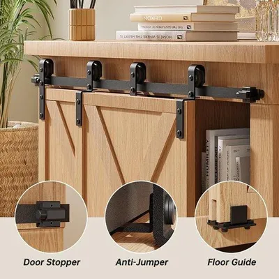 Immagine prodotto di Sistema per porte scorrevoli con rotelle - Set completo per ferramenta per porte scorrevoli - Binario scorrevole da 1982 cm - Sistema per porte scorrevoli a doppio bypass in legno