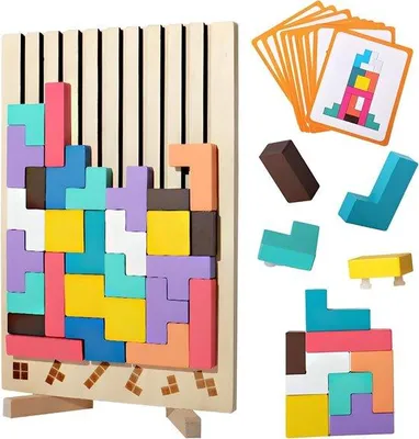 Produktbild von Holz-Tetris-Spiel für Kinder von 3 bis 6 Jahren, fördert Konzentration und motorische Fähigkeiten mit 3D-Logik und geometrischen Blöcken - Idealer Geschenk für Kinder