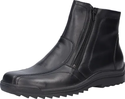 A black leather boot with a zipper closure.