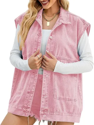 Obrázek produktu pro ASKSA Dámská džínová vesta bez rukávů, ležérní elegantní džínová bunda s kapsami, A Pink, L
