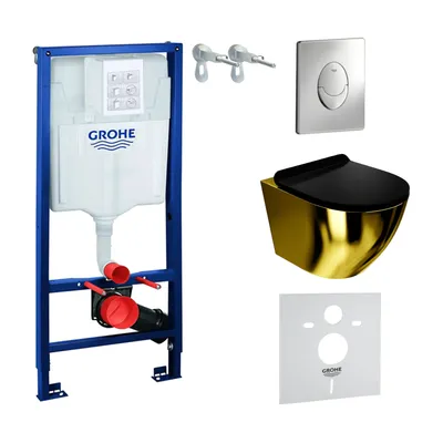 Produktbild von GROHE Vorwandelement Solido Start + Wand Hänge WC Sofi Slim Gold/Black Spülrandlos + WC-Sitz SoftClose | Verchromter Knopf | Komplettset | Unterputz Spülkasten |  Toilette Komplett Sett