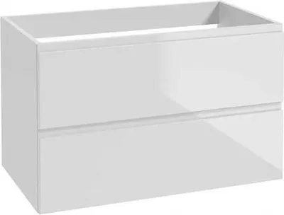 A white, two-drawer vanity cabinet designed to be mounted under a sink.