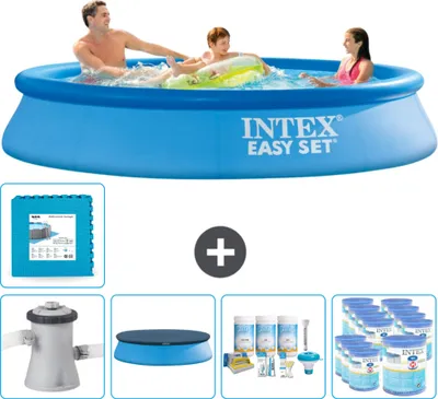 Produktbild von Intex runder aufblasbarer Easy Set-Schwimmpool – 305 x 61 cm – Blau – inklusive Pumpe Abdeckung - Wartungspaket - Filter - Bodenfliesen
