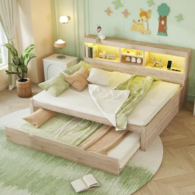 Produktbild von Polsterbett 140x200cm mit Stauraum, USB-C und RGB-LED, Bettgestell aus Leinenmaterial in Beige mit Holzlattenrost und Kopfteil