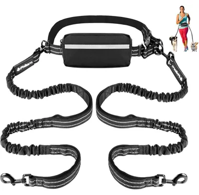 Produktbild von Joggingleine für 2 Hunde, Freihand, Bauchgurt, mit Dual Griffen, reflektierend, bis 50kg, 121-164cm