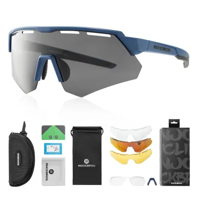 Image de ROCKBROS Lunettes de vélo Lunettes polarisées, 4 verres interchangeables, UV-400, bleu foncé