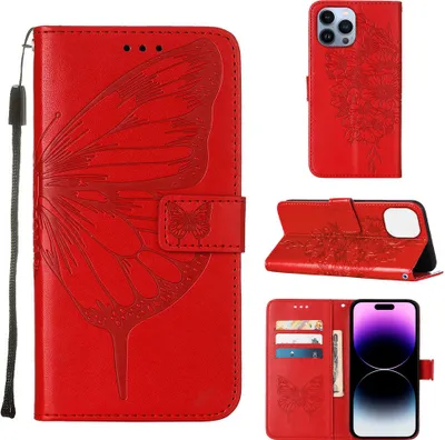 Produktbild von iPhone 14 Pro Hülle, Schmetterling Prägung Flip Leder Kartenfächer Schutzhülle Ledertasche mit Ständer für iPhone 14 Pro Rot