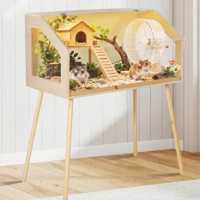 Image de Cage pour hamster avec pieds - Grande cage pour hamster syrien - Bois et fenêtre en acrylique