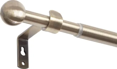 A close-up, studio shot of a single curtain rod with a ball finial and a bracket, against a white background.