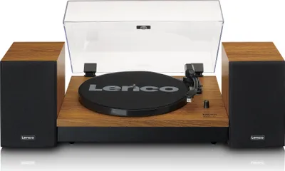 A Lenco LS-310WD Bluetooth turntable with two external speakers, presented on a white background.