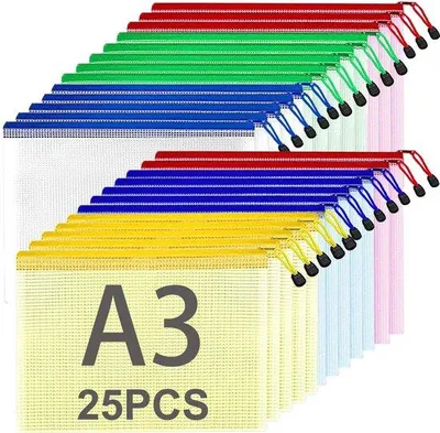 Image de Classeur administratif A3 à fermeture éclair, fermeture éclair en plastique maillé 5 couleurs, classeur A3 avec sous-dossiers, pour la gestion de documents, pour organiser les tâches ménagères, pour les accessoires de voyage.