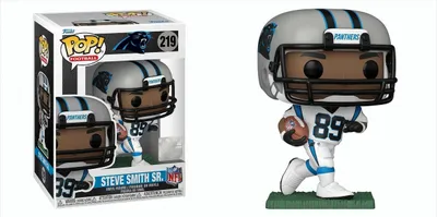 A Funko Pop! figure of Steve Smith Sr. in his Carolina Panthers uniform, shown both in its packaging and displayed outside of it.