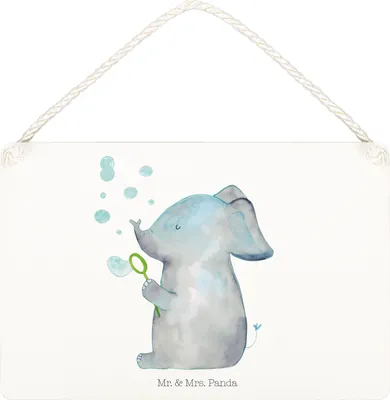 Produktbild von Mr. & Mrs. Panda Wandbild Holz Elefant Seifenblasen DIN A5 - Weiß - Geschenk, Türschild, Liebe, Schild, Liebesspruch, hängeschild, kleine aufmerksamkeit, Holzschild
