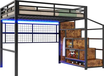 Produktbild von Hochbett mit RGB LED-Streifen, Rausfallschutz, 140x200cm, Treppe mit Regal und Kleiderschrank, Kinderbett, Metallbett