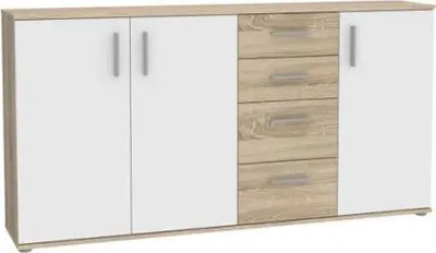 Image de IKOLI Sideboard - 3 portes, 4 tiroirs - Finition chêne Sonoma et blanc - L 159,3 x P 31,4 x H 81,7 cm - Poignées en plastique