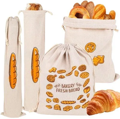 Productafbeelding van Unyqoos® 4-delige set herbruikbare linnen broodzakken met trekkoord – 100% linnen, 2 grote (37 x 30 cm) en 2 baguette (61 x 16 cm), geschikt voor het n van brood en andere etenswaren