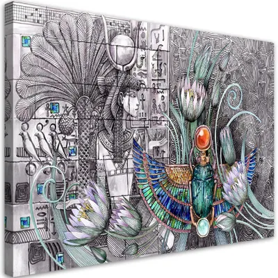 Produktbild von Leinwandbild Ägyptische Hieroglyphen und Skarabäuskäfer 90x60 Feeby Silber bild für die wand bereit zum aufhängen