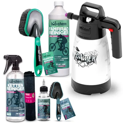 Produktbild von bio-chem Fahrrad-Reinigungsset PREMIUM 7-teilig – Gründliche & materialschonende Pflege: Fahrradreiniger 1000 ml + Kettenreiniger 750 ml + Kettenöl 100 ml + Schaumsprüher + 2 Reinigungsbürsten + Tuch