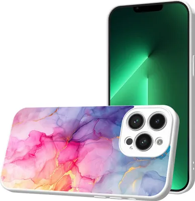 Productafbeelding van Smartphonica telefoonhoesje, geschikt voor iPhone 13 Pro, met regenboogmarmerprint - TPU achterkant, hoesje met regenboogmarmerdesign - wit