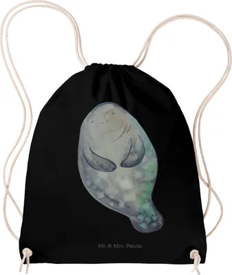 Produktbild von Mr. & Mrs. Panda Jutebeutel Seekuh Happy - Schwarz - Geschenk, Selbstliebe, turnbeutel baumwolle, Freundin, Achtsamkeit, Alltagstasche, gym tasche, Meer, Zufrieden