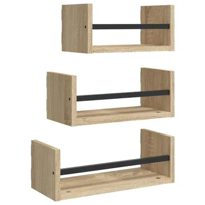 Three wooden wall shelves with black metal rods, displayed against a white background.
