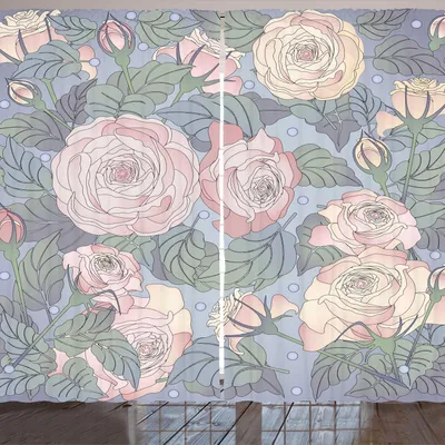 Produktbild von ARANDE Blumen Gardine, Floral Design Rosa Rosen-Blätter und Blüten undergrown, 280 x 175 cm, Blush Ceil Blau