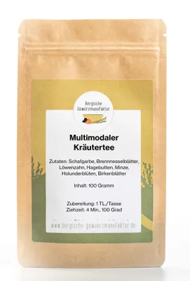 Produktbild von Multimodaler Kräutertee mit Schafgarbe, Brennnesselblätter, Löwenzahn, Hagebutten, Minze, Holunderblüten, Birkenblättern
