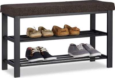 Produktbild von Relaxdays Schuhbank, gemütliches Sitzpolster mit Stoffbezug, offen, 2 Ebenen für Schuhe, Metall, HBT: 50x81x32cm, braun