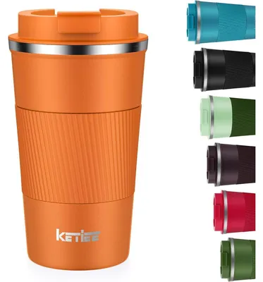 Productafbeelding van Thermobeker voor onderweg, 510 ml, dubbelwandig, geïsoleerde beker met lekvrije deksel, oranje/bruin