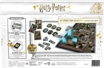 The back of a Harry Potter board game box, showing game components and artwork.