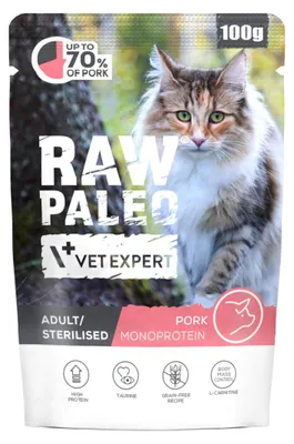 Image de Viande de porc crue stérilisée VETEXPERT pour chats adultes - nourriture humide - 100 g